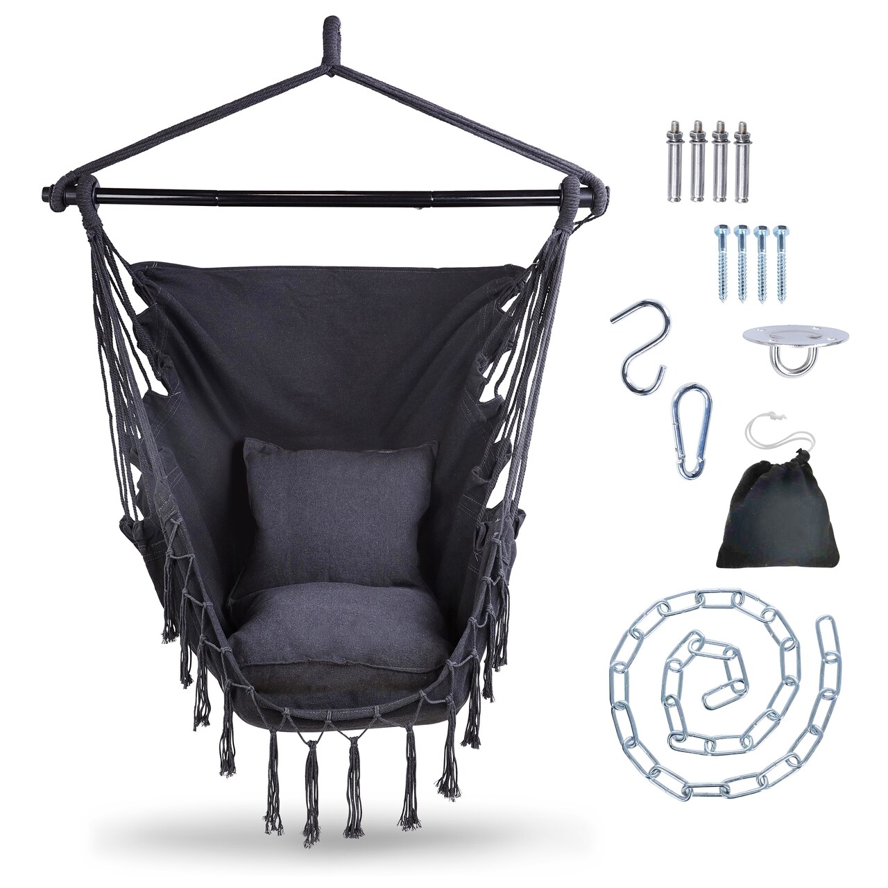 7Penn Hammock Chair Swing - Indoor Outdoor 440lb Max Black Boho Hanging Chair
